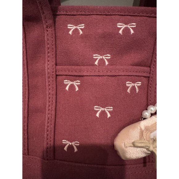 NWT Madden Mini Canvas Tote Handbag Bow Design Teddy Bear Charm Purse Wine Red - Picture 3 of 9